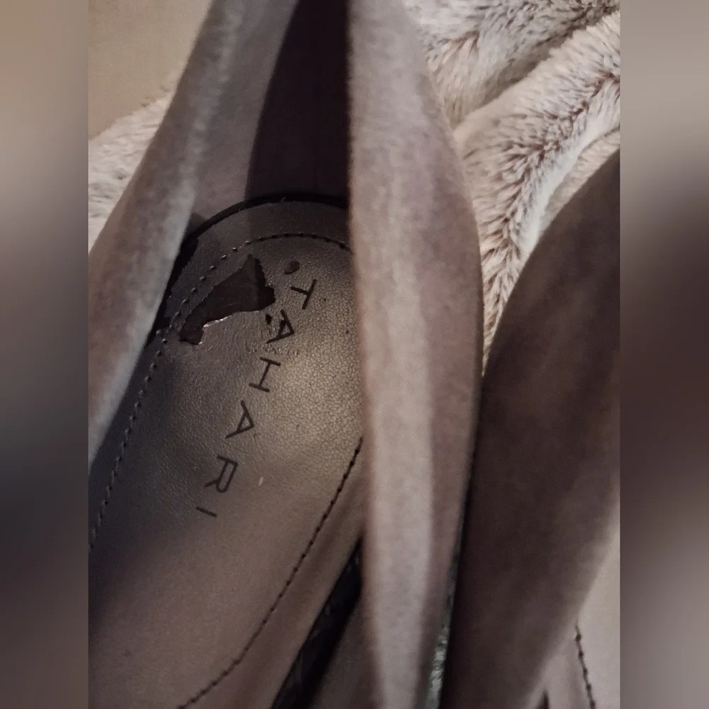 Tahari Gray Suede Peep Toe Shoes
